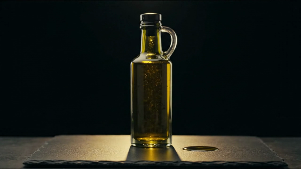 A bottle of Agrimakis Estate organic extra virgin olive oil rim-lit on black stone, a single golden drop beside it.